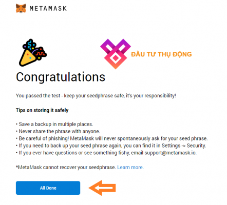 Tạo ví Metamask thành công