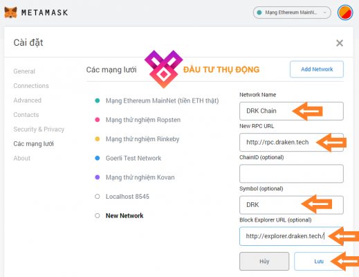 Điền thông tin DRK Chain về ví Metamask