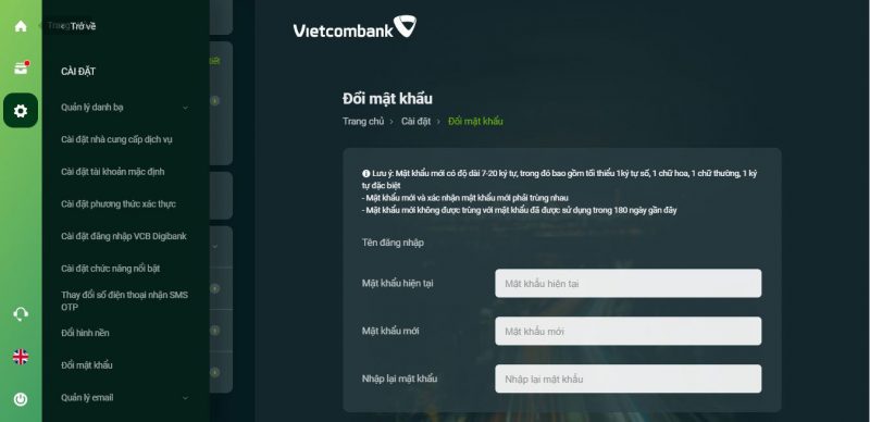 Đổi mật khẩu đăng nhập VCB Digibank