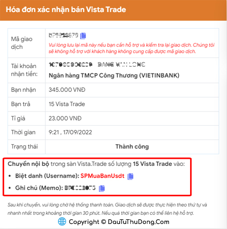 Bill thanh toán tiền rút Vista.Trade