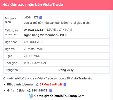 Hóa đơn bán USDT Vista Trade giá tốt
