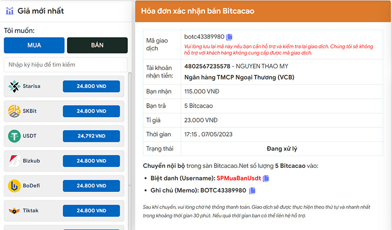 Hóa đơn bán Bitcacao trên CoinOTC.Net
