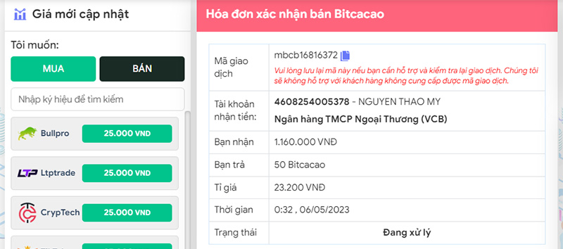 Hóa đơn bán Bitcacao trên Muabancrypto.io