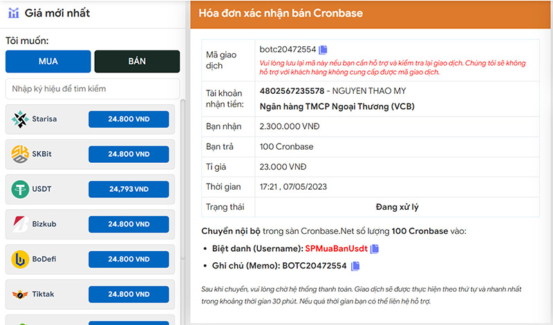 Hóa đơn bán Cronbase trên CoinOTC.Net