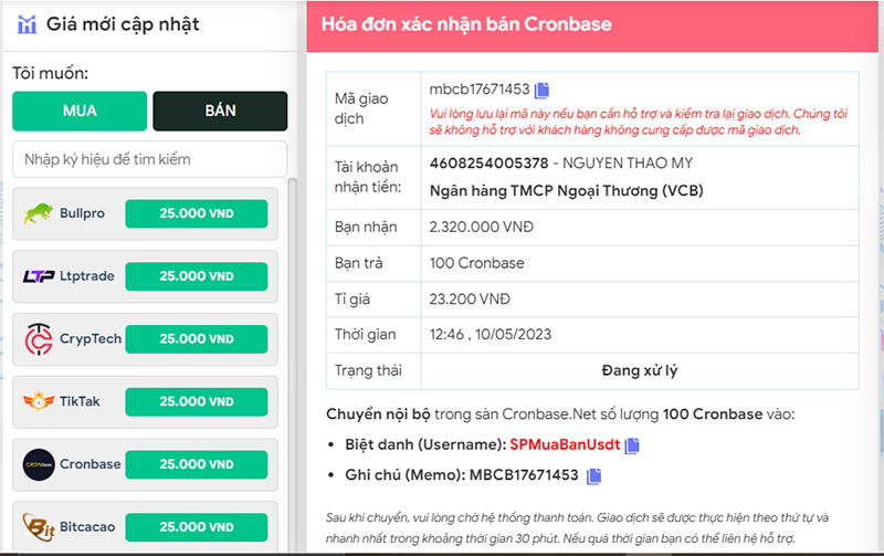 Hóa đơn bán Cronbase trên Muabancrypto.io