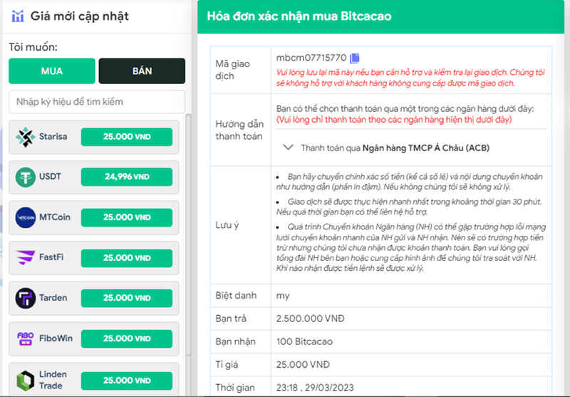 Hóa đơn mua Bitcacao trên Muabancrypto.io