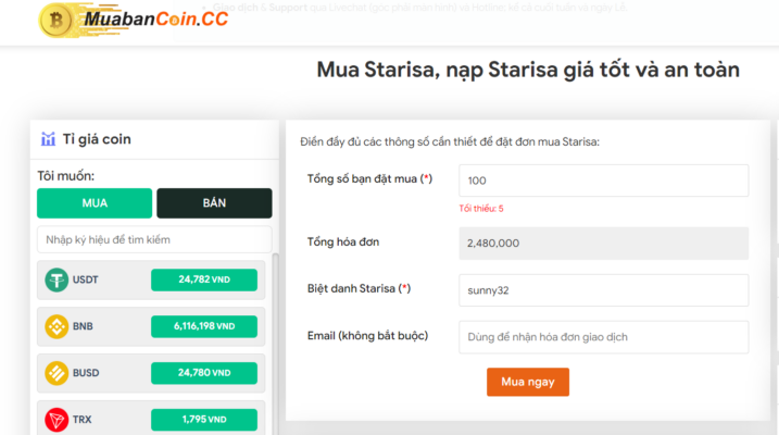Đặt đơn mua Starisa trên MuaBanCoin.CC